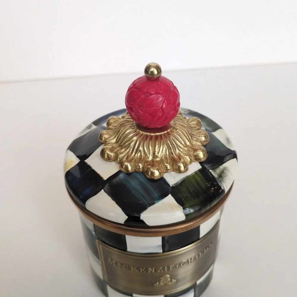 MacKenzie Childs Courtly Check Enamel Canister Small Metal Black White Jar 5.75